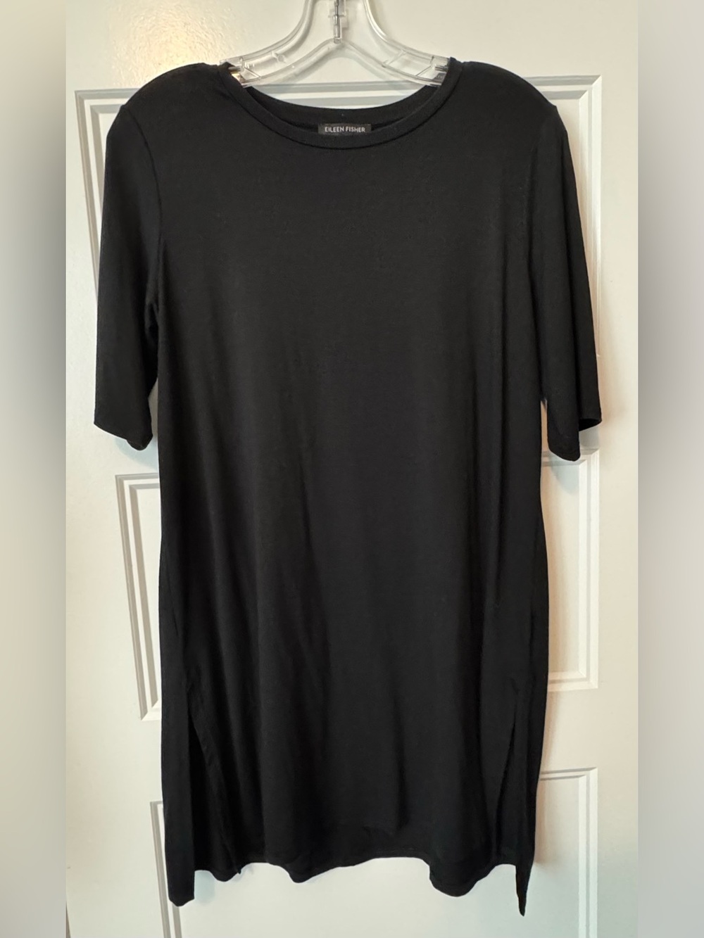 Eileen Fisher Black Jersey Midi Dress Side Slit Short Sleeve Minimalist Size S